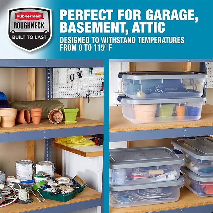 Rubbermaid Roughneck Clear 31 Qt/ 7.75 Gal Storage Containers, Pack of 6 with Snap-Fit Grey Lids, Visible Base, Sturdy and St
