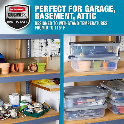 Rubbermaid Roughneck Clear 31 Qt/ 7.75 Gal Storage Containers, Pack of 6 with Snap-Fit Grey Lids, Visible Base, Sturdy and St