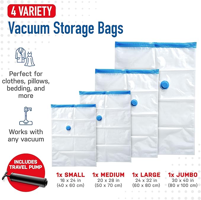 4 Pack Variety Vacuum Storage Bags for Comforters, Blankets & Clothes – Vacuum Sealed Compression Bags with Hand Pump – Space