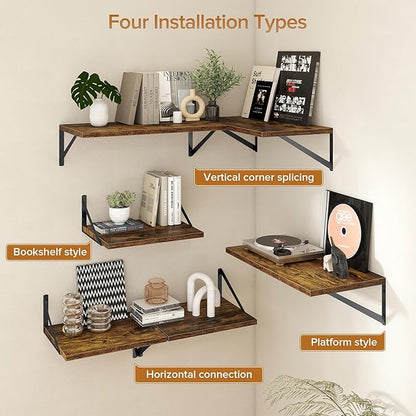 Deep Floating Shelves Wall Mounted, 30"x12" Brown Wood Shelves with Brackets Set of 2 for Bedroom, Living Room, Bathroom, Kit
