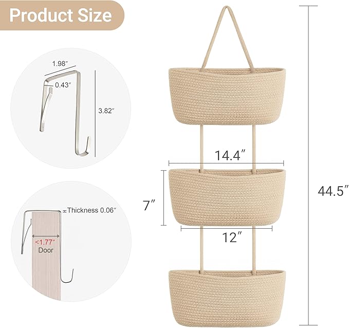 Dahey Over The Door Hanging Basket 3-Tier Woven Boho Wall Mounted Storage Organizer with Hooks for Bedroom Nursery Bathroom A