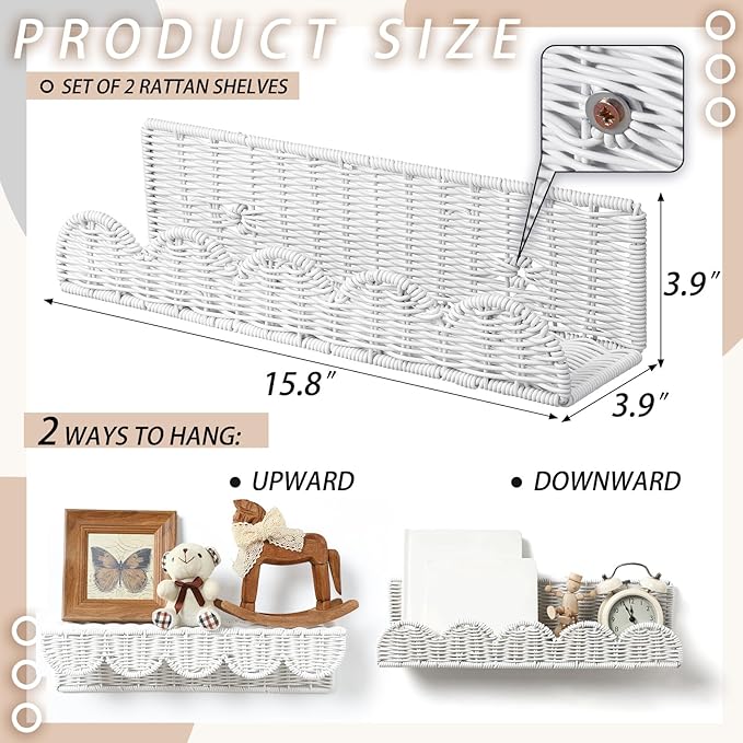 Pinkunn 4 Pcs Nursery Book Shelves 15.8 Inch Rattan Scalloped Floating Bookshelves Wicker Boho Book Shelf for Wall Mounted De