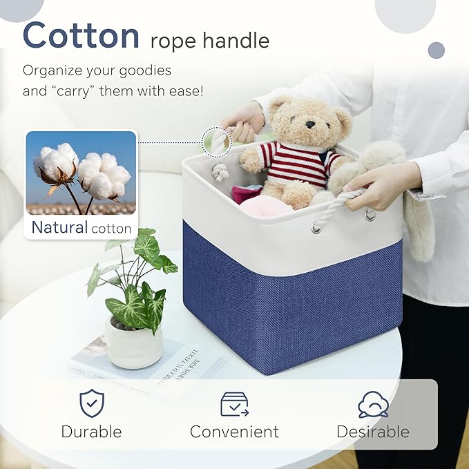 FinishingBo Cube Storage Baskets, 6 Pack 11x11 inch with Cotton Handles for Closet, Shelves, Clothes, Towel (White/Navy Blue)