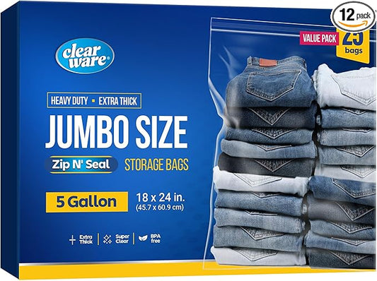 25 Large Storage Bags With Zipper Top - 5 Gallon Bags (18x24, 25, Count)