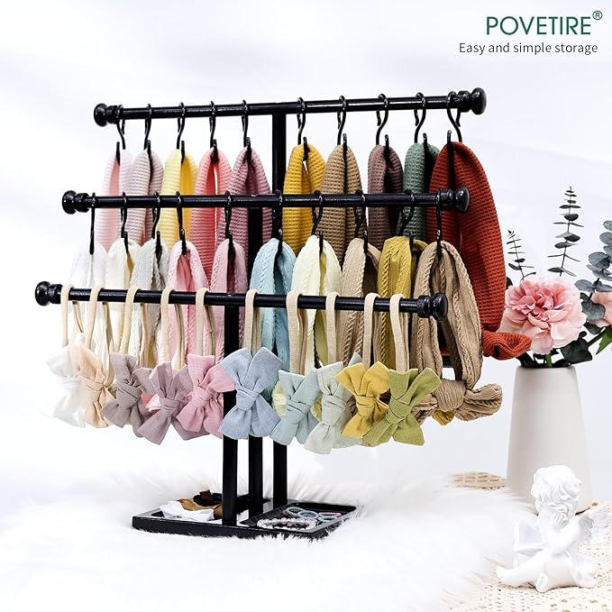 POVETIRE Headband Holder Stand Storage for Baby, 3 Tier Wooden Bow Organizer for Girls Hair Bows, Infant Hair Accessories Rac