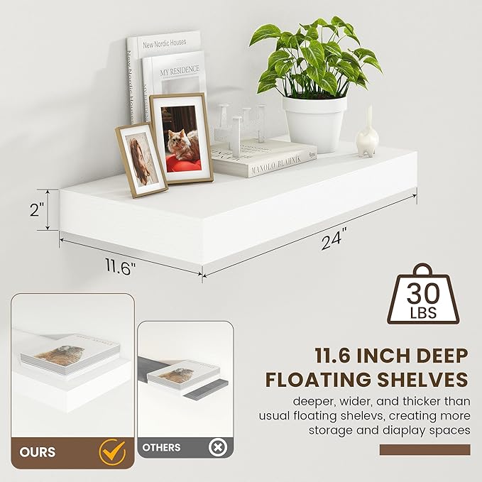 12 Inch Deep Floating Shelves | 24 Inch White Floating Shelves | 24" W x 12" D White Wood Shelves for Wall | Deep Wood Shelve