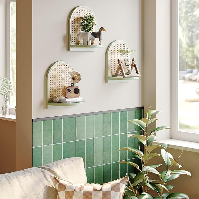 Rattan Wall Shelf Set of 3, 7''Green Rattan Shelves with Wicker Decor, Boho Decor Small Floating Shelves for Wall, Arched She