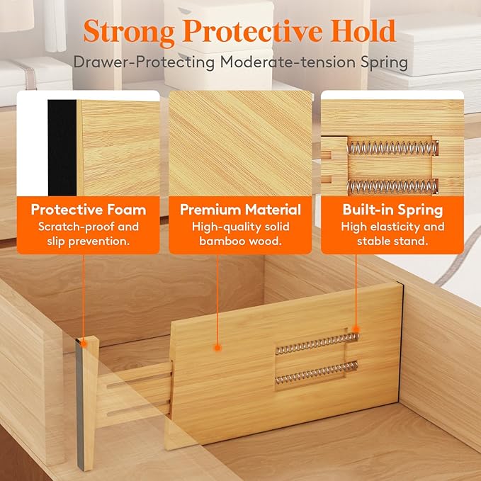Lifewit 6" High 8 Pack Bamboo Drawer Dividers 33-42cm/13-16.5" Adjustable Wooden Drawer Organizer for Clothes/Utensils, Expan