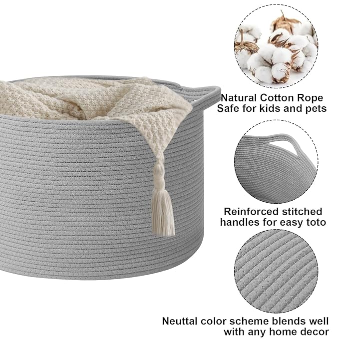 115L Large Blanket Basket,23.6" L x 23.6" W x 15.7" H Rope Woven Baskets with Handles, Toys Storage Bins,Laundry Basket Perfe