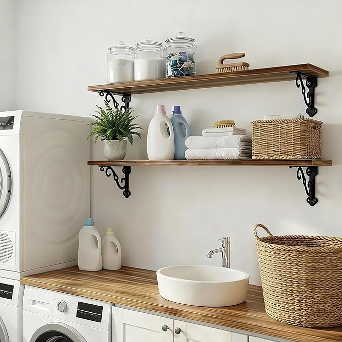 Solid Wood Floating Shelves for Wall with Metal Brackets,2 Tier 36 inch Pinewood Wall Shelf,Suitable for Multiple Places Such