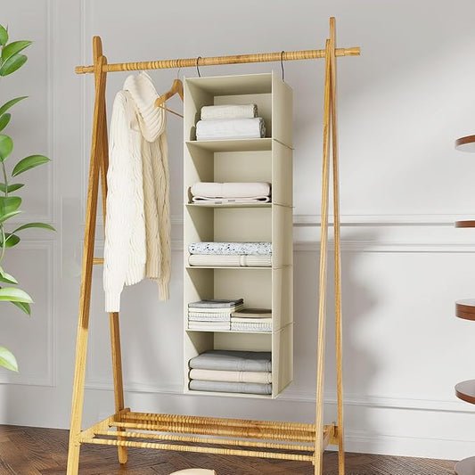 Hanging Closet Organizer, Easy Mount Foldable 5-Shelf Hanging Closet Wardrobe Storage Shelves, Clothes Handbag Shoes Accessor