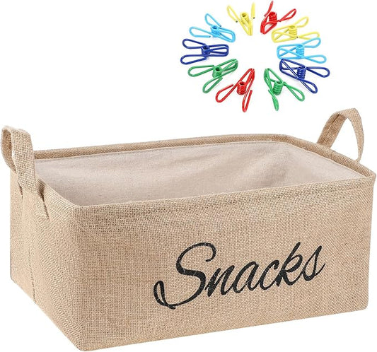 Newtay 17 Pcs Snack Basket Sets, Snack Storage Bin for Pantry Shelves with 16 Pcs 2 Inch Chip Clips, Basket Organizer for Kit