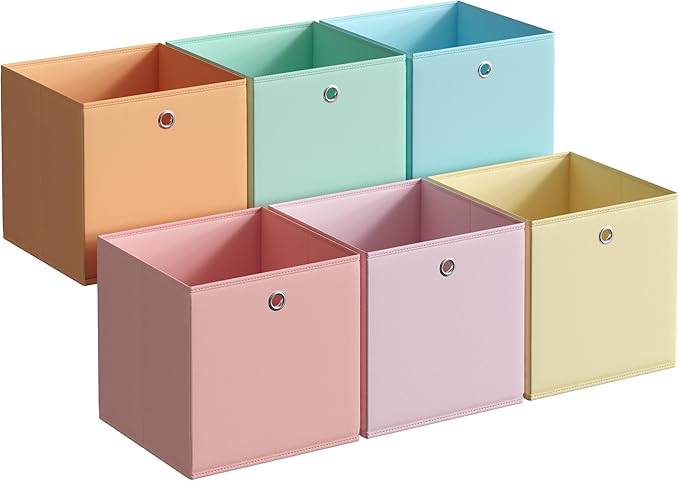 SONGMICS Storage Cubes, Set of 6 Odorless Foldable Storage Boxes, 13 x 13 x 13 Inches, Closet Organizers for Shelf, Rainbow S