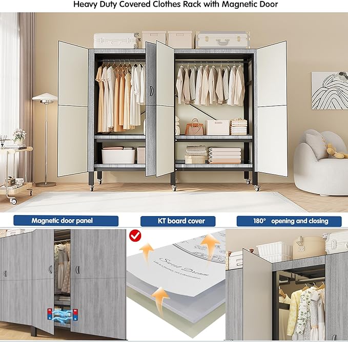 Heavy Duty Covered Clothes Rack with Magnetic Door Foldable Portable Wardrobe Closet for Hanging Clothing Rolling Black Metal