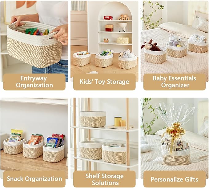 R RUNKA Small Cotton Rope Basket – Storage Bin for Organizing (10.6" x 6.7" x 6.7"), Bathroom Storage Basket for Shelf, Count