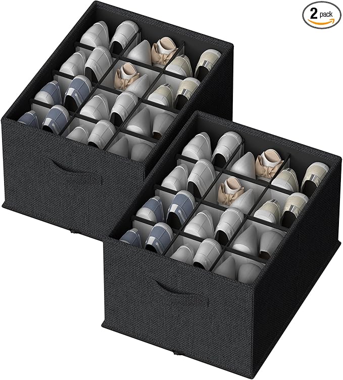 FHSQX 2 Pack Shoe Organizer for Closet,Foldable Shoe Organizer,Fits up to 24 Pairs,Storage Containers With Bottom Support for