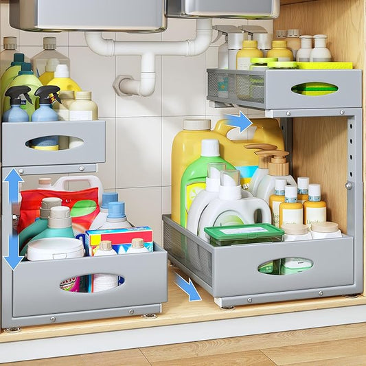 Under Sink Organizer, 2 Tier Pull Out Under Cabinet Organizer Shelf with Pad for Framed Cabinets, Metal Slide Out Under Sink 