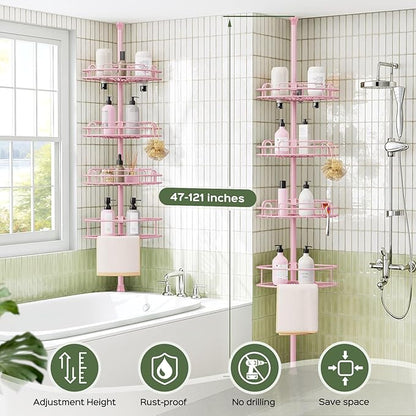 HAMITOR Corner Shower Caddy Tension Pole: 4-Tier Rust-Resistant Adjustable Bathroom Organizer Shelves - 47-121 Inch No-Drill 