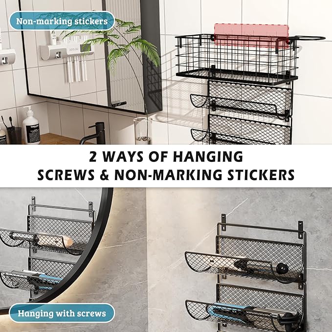 Wall-Mounted Hair Dryer Holder Styling Tool Organizer 4-Shelf Storage Wire Basket with Hook Heat Safe Rack for Hair-Straighte
