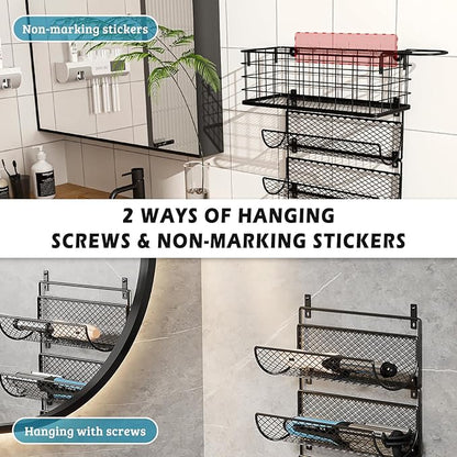 Wall-Mounted Hair Dryer Holder Styling Tool Organizer 4-Shelf Storage Wire Basket with Hook Heat Safe Rack for Hair-Straighte
