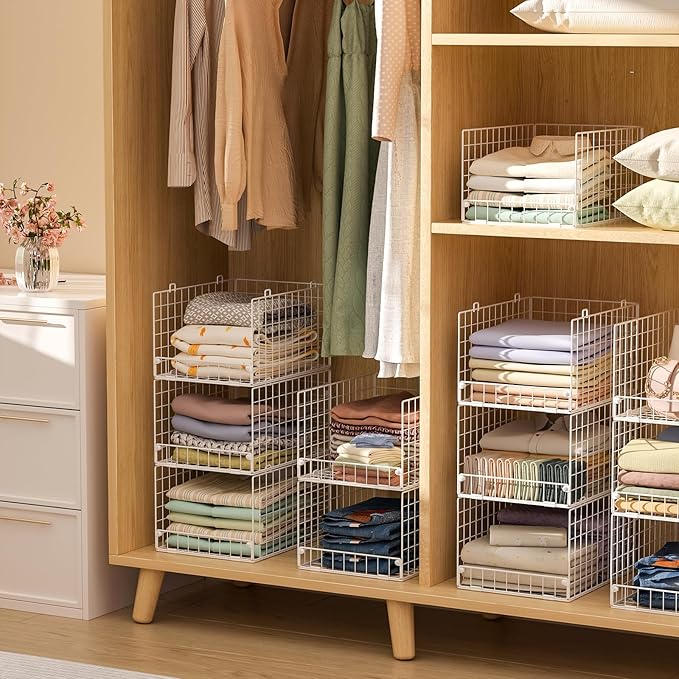 Yociyoga Stackable Closet Organizers and Storage - 4-Tier Stackable Storage Bins, Foldable Closet Shelf Organizer Basket, Clo