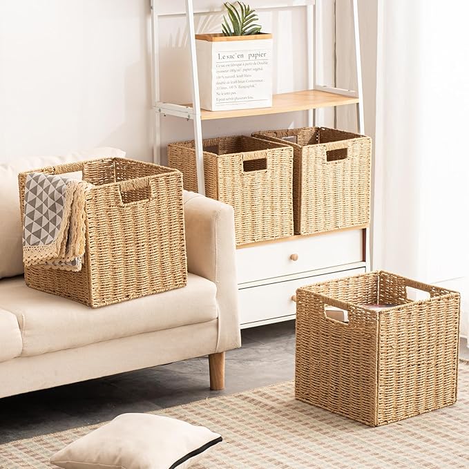 Foldable Storage Baskets with Handles Paper Rope Storage Baskets Rectangle Collapsible Hand Woven Storage Cubes Bins for Orga