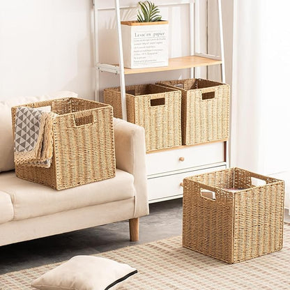 Foldable Storage Baskets with Handles Paper Rope Storage Baskets Rectangle Collapsible Hand Woven Storage Cubes Bins for Orga