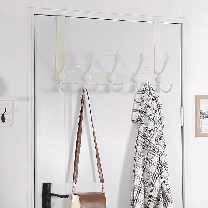 Dseap Over The Door Hook Hanger - Fits 1 3/8" to 1 3/4" Standard Doors | 5 Tri Hooks Heavy Duty Towel/Coat Rack | Door Organi