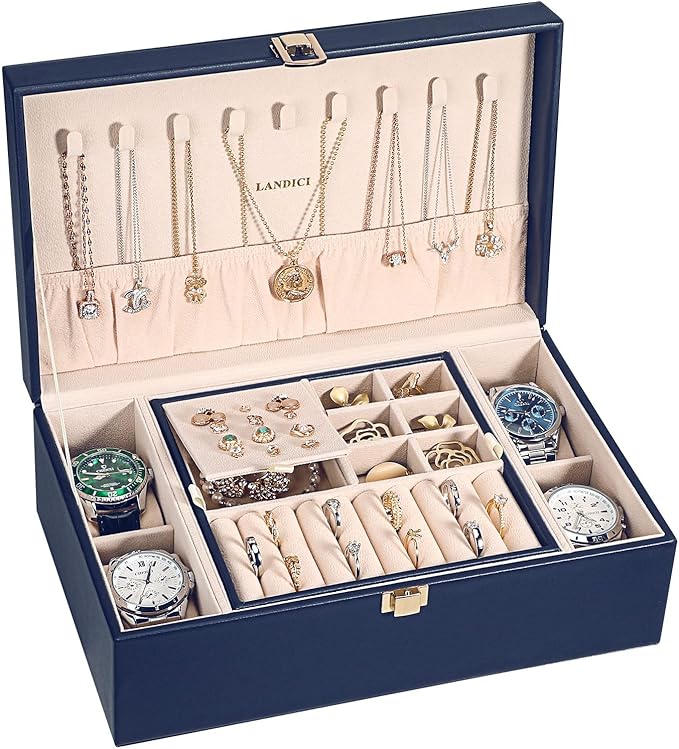 LANDICI Jewelry Box Organizer for Men Women, 2 Layer 4 Slot Watch Storage Case with Removable Tray, PU Leather Large Jeweller
