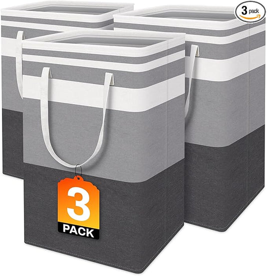 BlissTotes 3-Pack Laundry Basket, Freestanding＆Waterproof Laundry Hamper, Collapsible Tall Clothes Hamper with Easy Carry Han