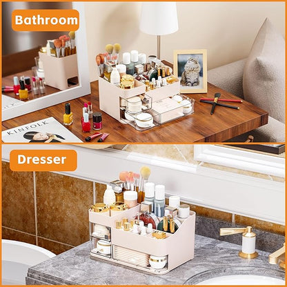 Pink Make up Organizers for Vanity with 3 Drawers,Large Skincare Organizers for Countertop,Desk,Dresser,Plastic Bathroom Coun