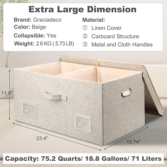 Graciadeco 75 Quarts Extra Large Decorative Storage Bins with Lids, 3 Packs Beige Collapsible Storage Bins with Lids, Stackab