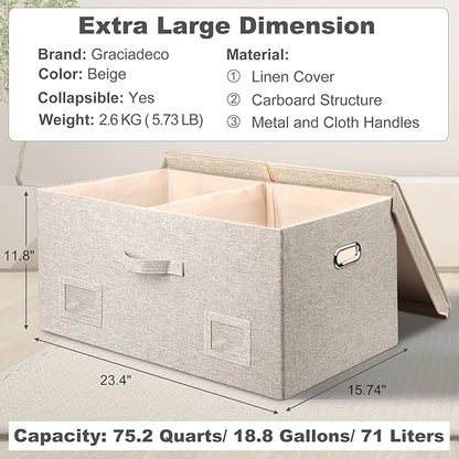 Graciadeco 75 Quarts Extra Large Decorative Storage Bins with Lids, 3 Packs Beige Collapsible Storage Bins with Lids, Stackab