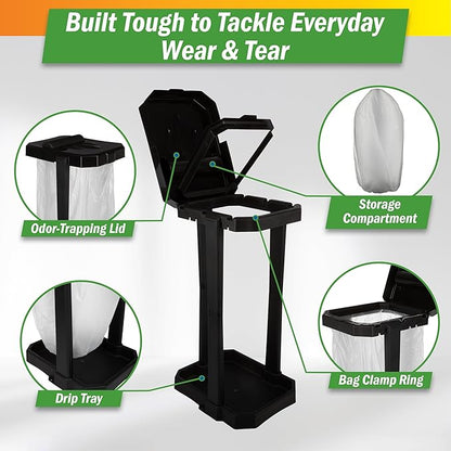 Wakeman Heavy Duty Black Trash Bag Portable Trash Bag Holder Stand with 7 Bags - Collapsible Trash Can Camping, RV, Kitchen, or Tailgate Party Garbage Bag Holder