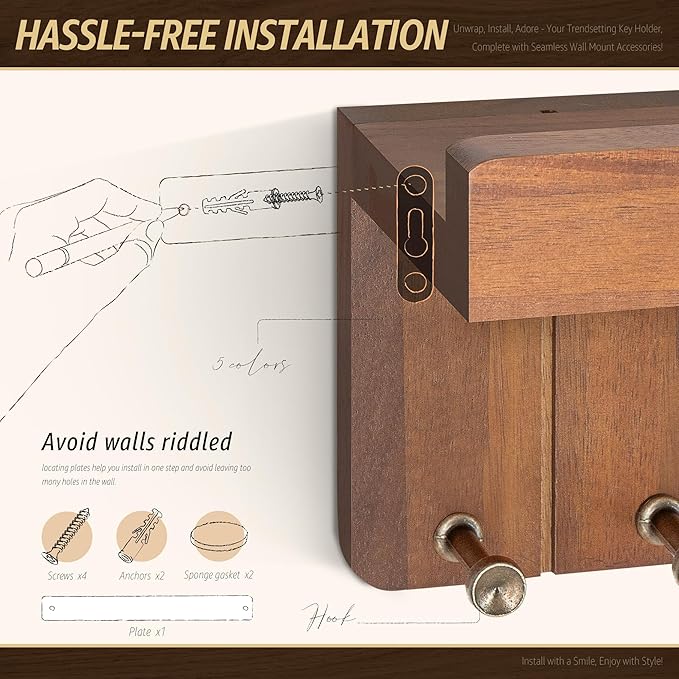 Rebee Vision Farmhouse Key Holder Wall Mount - Decorative Mail Organizer with 7 Key Hooks and Wall Shelf - Rustic Home Decor 