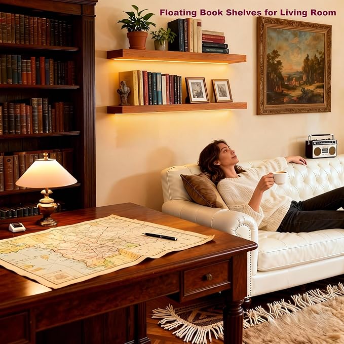 ROGMARS 36 Inches Long Walnut Floating Shelves with Led Light,Rustic Solid Wood Farmhouse Wall Shelves with Invisible Bracket