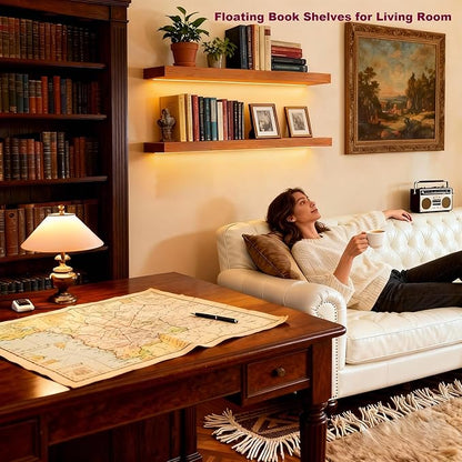 ROGMARS 36 Inches Long Walnut Floating Shelves with Led Light,Rustic Solid Wood Farmhouse Wall Shelves with Invisible Bracket
