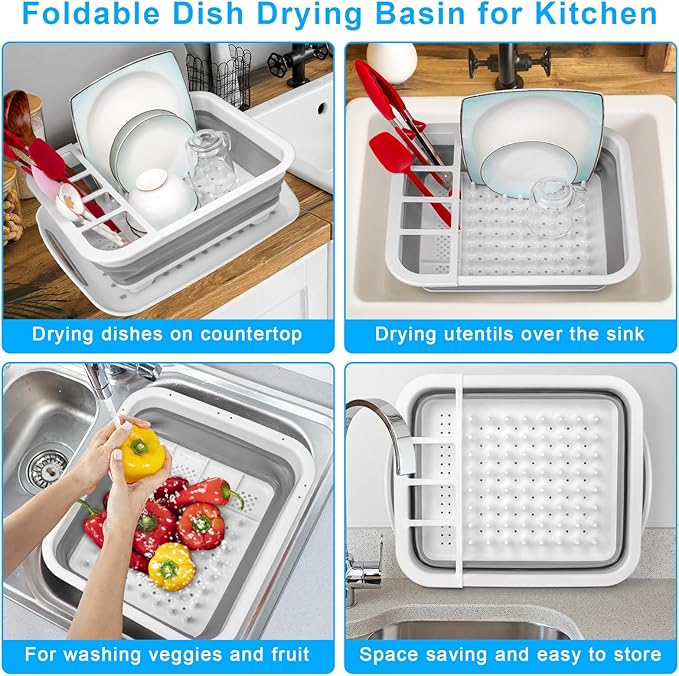 Collapsible Dish Drying Rack Portable Dish Drainers for Kitchen Counter with Drainboard, Kitchen Sink Organizer Basket RV Acc