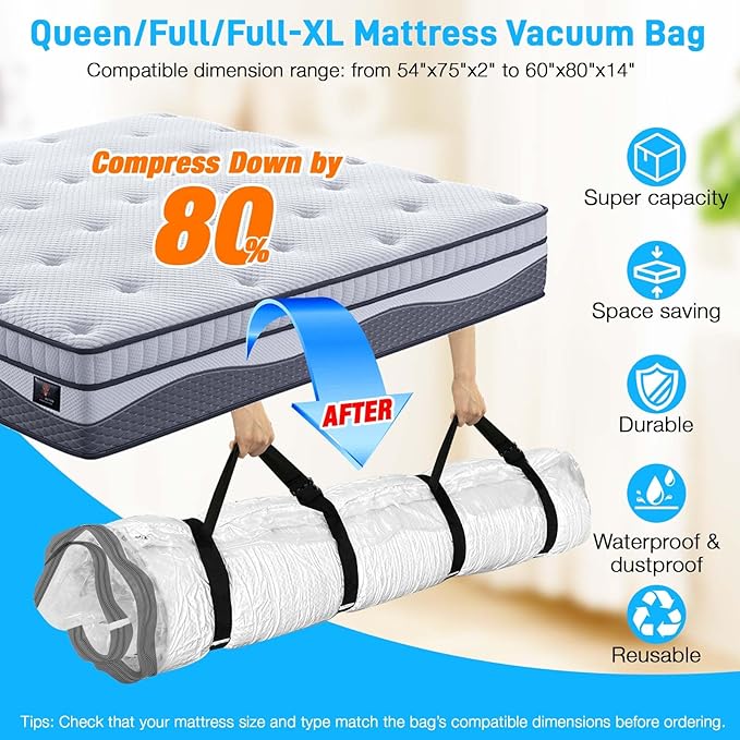 Mattress Vacuum Bag Queen/Full/Full-XL Space Saver Mattress Vacuum Seal Bag with Straps for Moving Double Zip Seal Reusable M