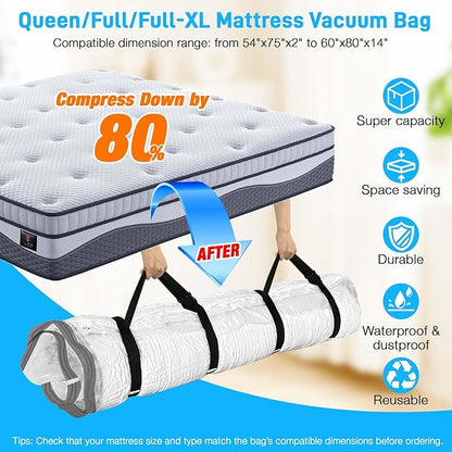 Mattress Vacuum Bag Queen/Full/Full-XL Space Saver Mattress Vacuum Seal Bag with Straps for Moving Double Zip Seal Reusable M