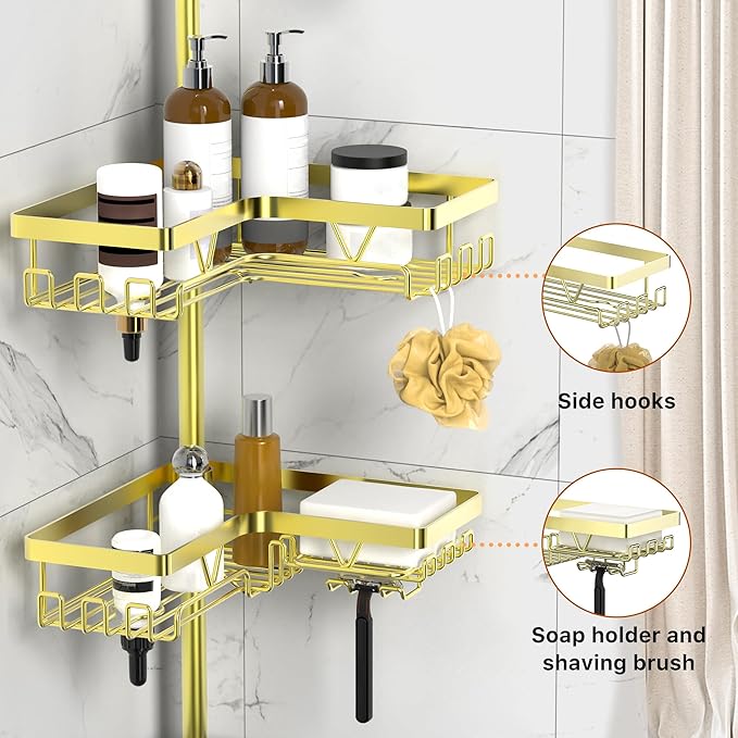 KEGII Corner Gold Shower Caddy Tension Pole - 4-Tier Rustproof Shower Rod Organizer, Floor to Ceiling Tension Rod 25-114.2 in