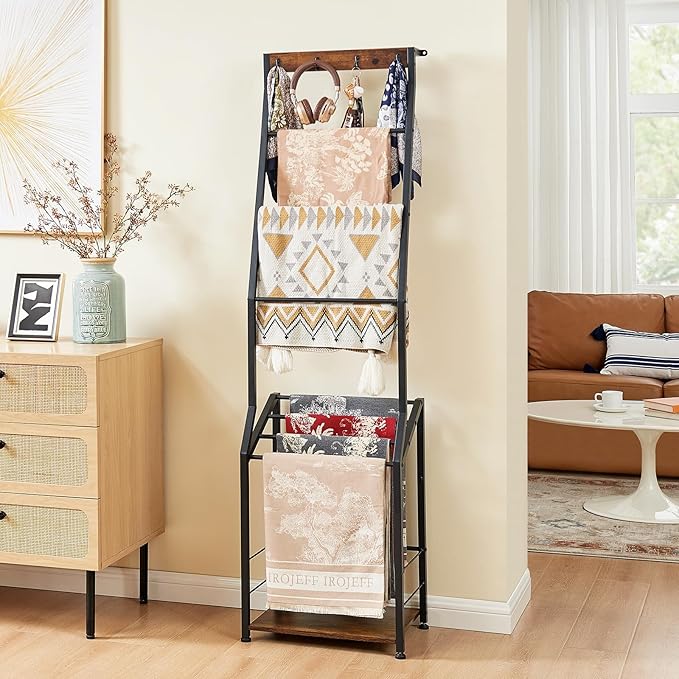 Pinzoveco Blanket Ladder, 7 Tier Wooden Ladder Shelf with Hooks, 5.5ft Blanket Holder Rack Farmhouse Ladder Rack for Storage 