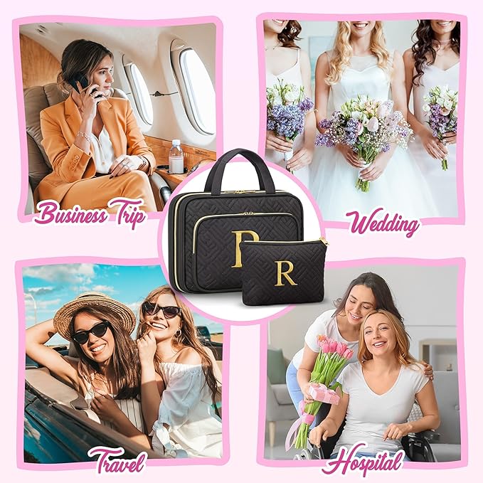 Gifts for Women, Initial Toiletry Makeup Bag Hanging Cosmetic Organizer with Embroidery Letter Personalized Nurse Teacher App