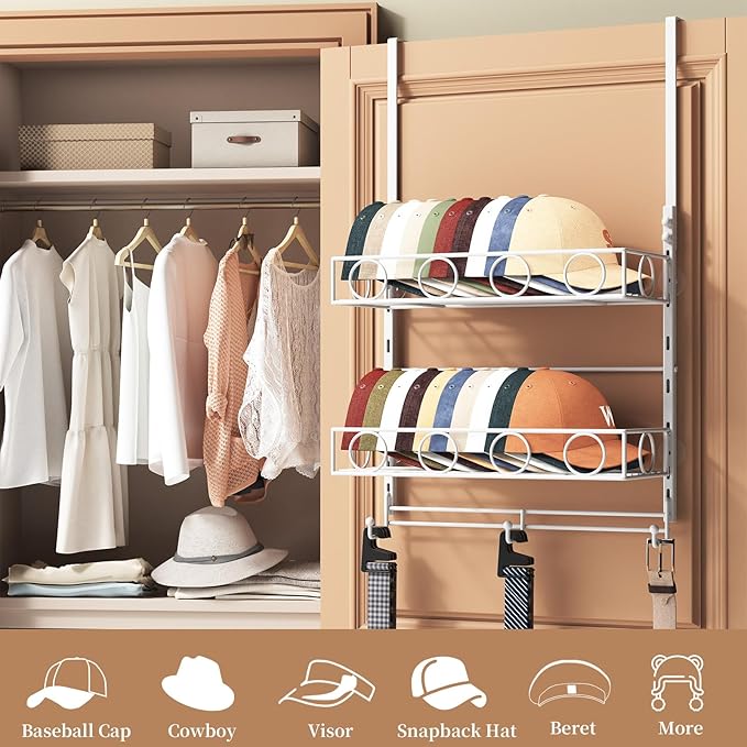 Over Door Hat Organizer 3 Tier Wall Mounted Hat Rack with 2 Adjustable Metal Basket and 3 Hooks Hat Organizer for Baseball ca