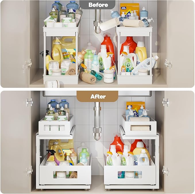 2 Pack Under Sink Organizer With Next-Gen Ball-Bearing Slides,2-Tier Pull Out Cabinet Storage,Height Adjustable Drawer Shelf 