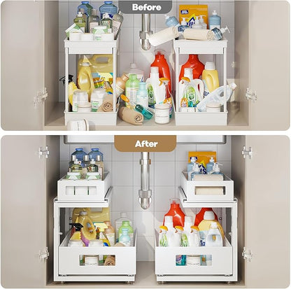 2 Pack Under Sink Organizer With Next-Gen Ball-Bearing Slides,2-Tier Pull Out Cabinet Storage,Height Adjustable Drawer Shelf 