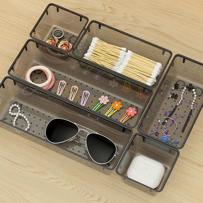 WOWBOX 9 Pack Clear Drawer Organizer Set, Acrylic Drawer Storage Trays, Storage Bins for Makeup, Cosmetics, Jewelries, Utensi