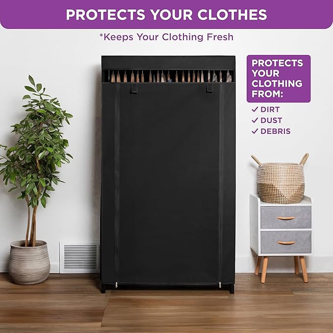 HOLDN’ STORAGE Portable Wardrobe Closet - 50 lb Capacity, Internal Heavy Duty Metal Rod, Zipper & Clear Window, Durable Cloth