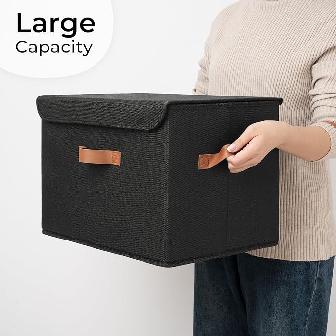 GRANNY SAYS Black Storage Bins with Lids, Decorative Storage Boxes with PU Handles, Linen Closet Organizer, Storage Baskets f