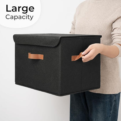 GRANNY SAYS Black Storage Bins with Lids, Decorative Storage Boxes with PU Handles, Linen Closet Organizer, Storage Baskets f